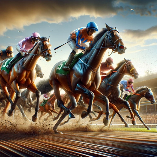  A multitude of competition horses in a race 