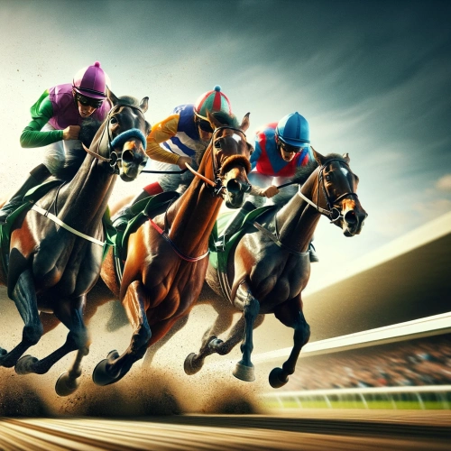 3 horses galloping during a race at a racecourse